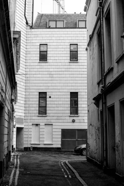 Tiro Vertical Uma Rua Estreita Com Edifícios Residenciais Escala Cinza — Fotografia de Stock