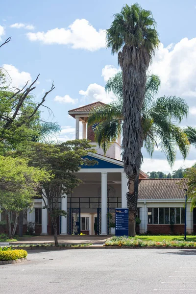 Çam ağacıyla çevrili saat kulesi olan bir binanın yakın çekimi.