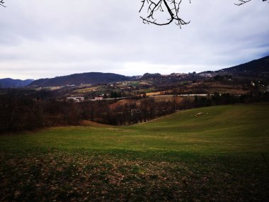 Gökyüzü bulutlu yeşil tarlaların üzerinde Koyun sürüsü ve köy evleri çok uzakta görünüyor