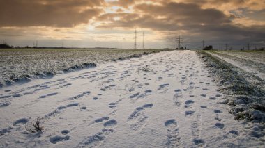 Gün batımında kırsalda karla kaplı bir tarlanın ve yolun soğuk manzarası