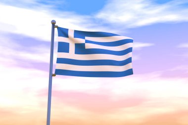 Mavi gökyüzünde krom bayrak direği sallayan Yunanistan bayrağının 3 boyutlu bir çizimi