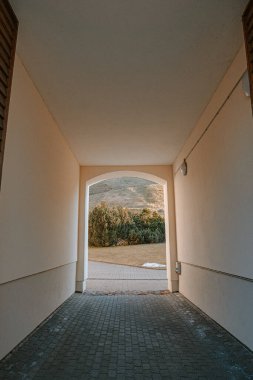 Tünel kemerinin arkasındaki renkli ağaçların güzel bir manzarası.