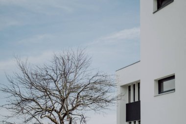 Mavi gökyüzüne karşı modern beyaz binanın güzel bir görüntüsü.