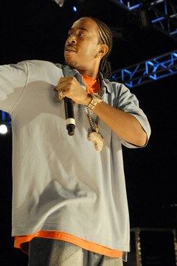 Los Angeles, Kaliforniya 'daki Arclight Theatre' da canlı performans sergileyen rapçi Ludacris 'in dikey çekimi