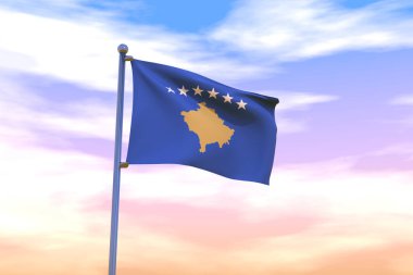 Arka planda bulutlu bir gökyüzü bulunan bayrak direğinde Kosova 'nın dalgalanan bayrağı