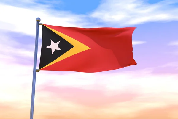 Una Bandiera Sventolante Timor Est Palo Con Cielo Nuvoloso Sullo — Foto Stock