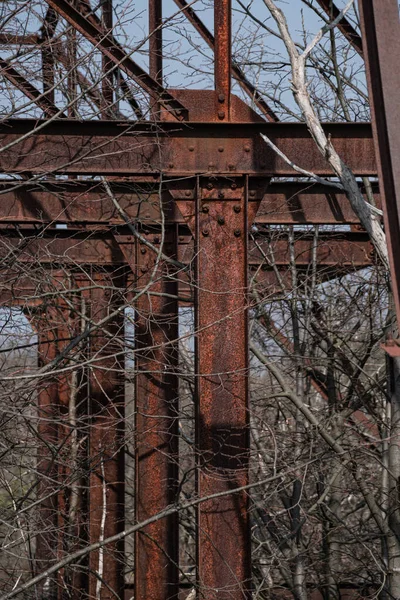 Die Rostige Metallkonstruktion Einem Wald Mit Blattlosen Bäumen — Stockfoto