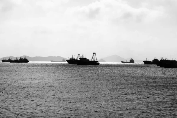 Disparo Escala Grises Barcos Industriales Navegando Mar —  Fotos de Stock