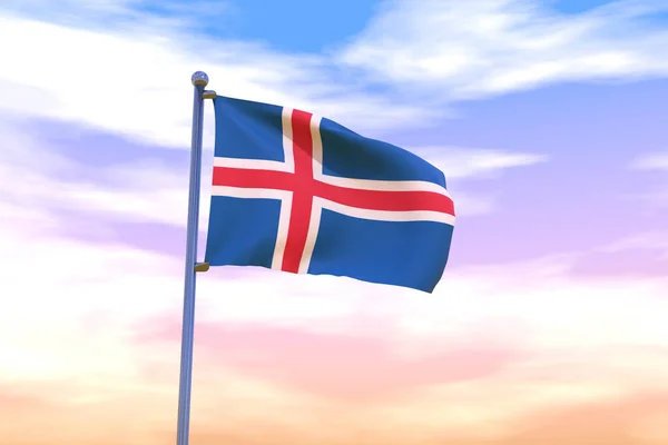 Een Weergegeven Zwaaiende Vlag Van Ijsland Met Chroom Vlaggenmast Aan — Stockfoto