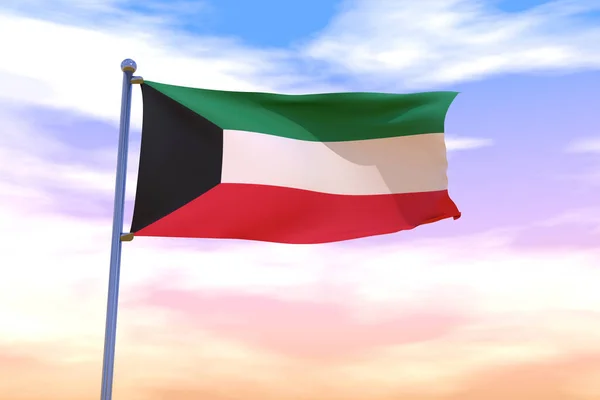 Eine Gerenderte Flagge Von Kuwait Mit Chrom Fahnenmast Farbenfrohen Himmel — Stockfoto