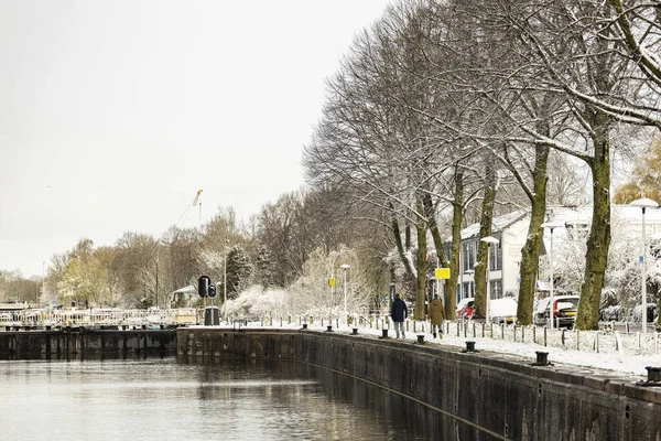 Leidsche Rijn Kanal Kai Mit Schnee Auf Dem Boulevard Und — Stockfoto