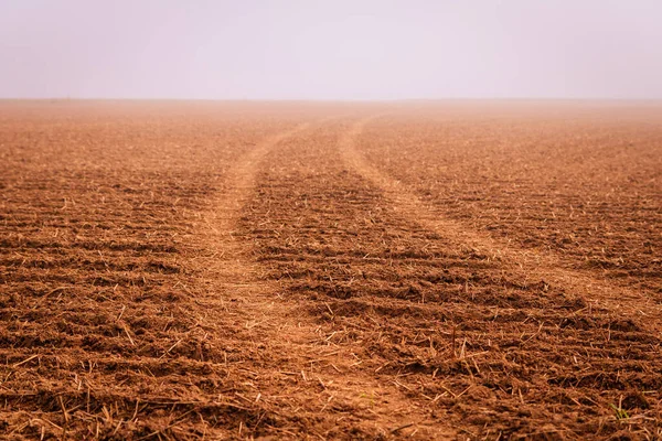 Una Vista Natural Las Marcas Ruedas Camiones Campo Agrícola Arado — Foto de Stock