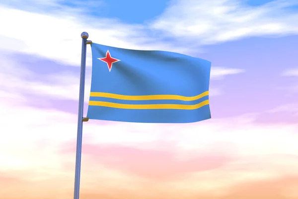Ilustracja Machającej Flagi Aruba Chromowanym Masztem Flagi Błękitnym Niebie — Zdjęcie stockowe