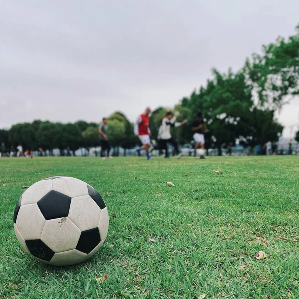 Futbol Sahasındaki Bir Topun Seçici Odak Noktası — Stok fotoğraf