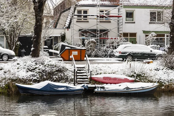 Nevicata Che Copre Banchina Barche Nel Quartiere Utrecht Condizioni Meteo — Foto Stock