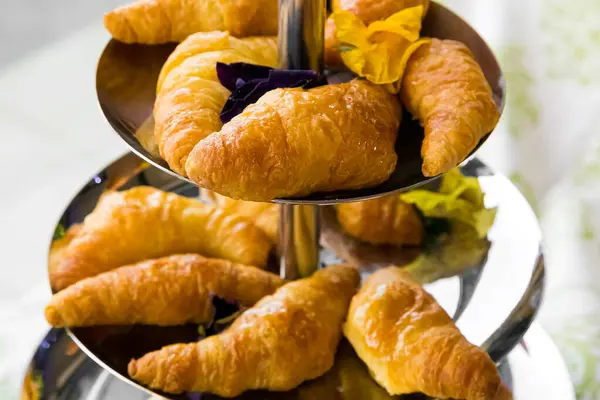 Closeup Croissants Tiered Stand — Stock Photo, Image