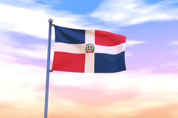 Mavi Gökyüzünde Krom Bayrak Direği Sallayan Dominik Cumhuriyeti Bayrağının Boyutlu — Stok fotoğraf