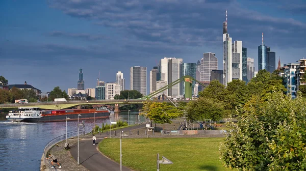 Een Rivieroever Park Tegen Frankfurt Main Skyline — Stockfoto