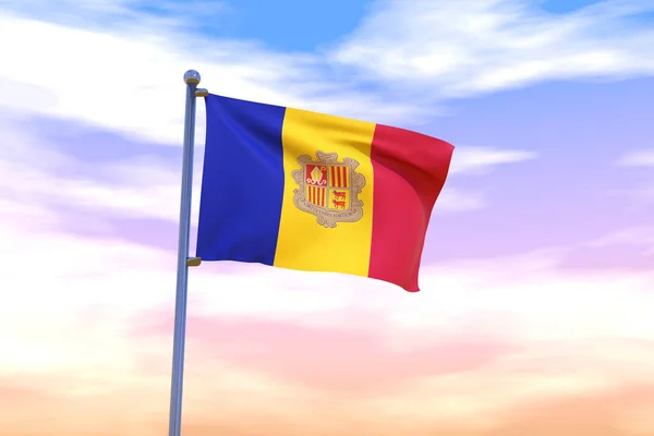 安道尔公国飘扬的旗帜与蓝色天空中的彩色旗杆的三维图像 — 图库照片