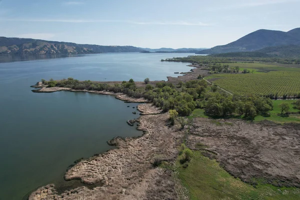 Tiro Aéreo Lago Lavando Sua Costa Coberta Com Floresta Verde — Fotografia de Stock