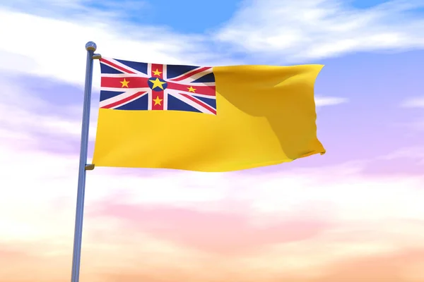 Uma Bandeira Acenando Niue Pólo Bandeira Com Céu Nublado Fundo — Fotografia de Stock