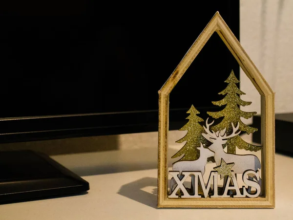 Gros Plan Une Décoration Noël Bois Avec Une Écriture Noël — Photo