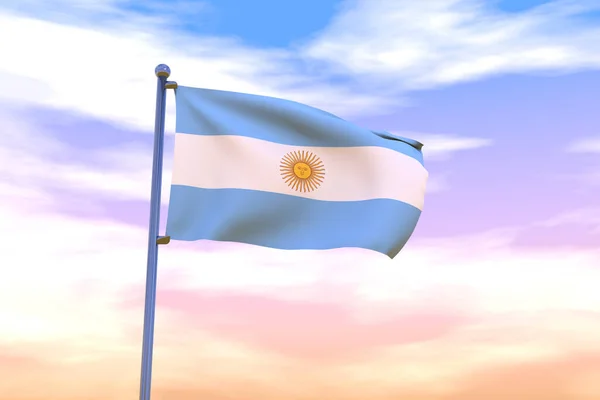 Иллюстрация Размахивания Флагом Аргентины Хромированным Флагштоком Голубом Небе — стоковое фото