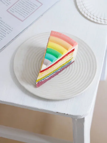 Piece Rainbow Cake White Plate — Stock Photo, Image