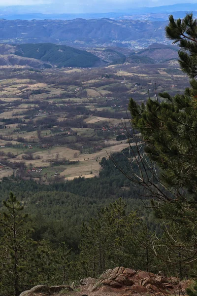 Piękny Widok Gęsty Las Pola Wzgórza Górami Horyzoncie Przed Błękitnym — Zdjęcie stockowe
