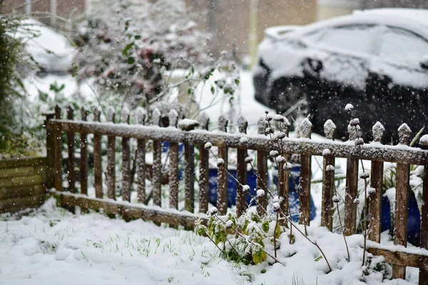庭で雪に覆われた木製の柵の美しいショット — ストック写真