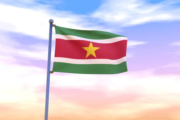 Waving Flag Suriname Flag Pole Cloudy Sky Background — Stock Photo, Image