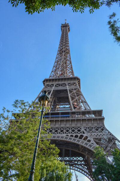A low angle shot of the Eiffel Tower, Paris, France with blue clear sky with a tree