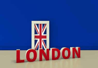 Bir Brexit temalı 3 boyutlu bir Londra tablosu mavi bir duvara ve İngiliz bayrağına dayanan bir kapıya karşı.