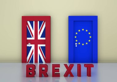 Önlerinde İngiltere ve AB bayrakları ve bir BREXIT bulunan iki kapılı bir odanın Brexit temalı 3D görüntüsü