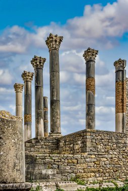 Bulutlu bir günde antik Volubilis Roma şehrinin manzarası