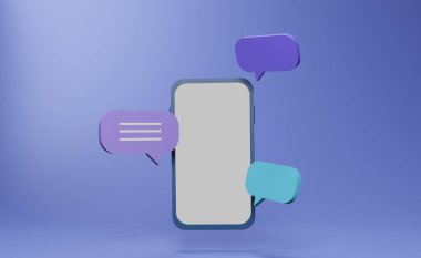 Üzerinde sohbet baloncukları olan bir telefonun mavi arkaplan, internet iletişim konsepti