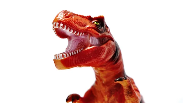 Het Gezicht Van Een Rode Dinosaurus Speelgoed Geïsoleerd Een Witte — Stockfoto