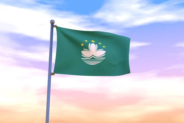 A 3D illustration of a Waving flag of Macao with a chrome flag pole in the cloudy sunset sky waving in the wind