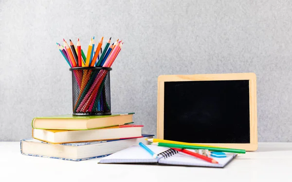 Colorful Pencils Books Chalkboard Desk Gray Background Copy Space — Stock Photo, Image