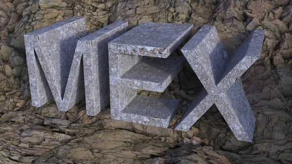 Μια Τρισδιάστατη Απόδοση Τσιμεντένιων Γραμμάτων Mex Φόντο Βράχου — Φωτογραφία Αρχείου