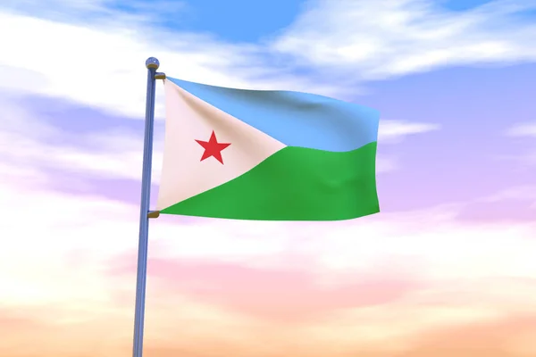 Rendered Waving Flag Djibouti Chrome Flagpole Colorful Sky — Stock Photo, Image