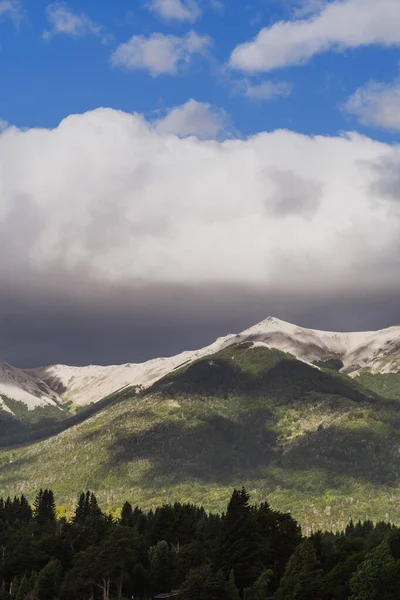 Paesaggio Verticale Alberi Forestali Montagne Verdi Contro Cielo Azzurro Nuvoloso — Foto Stock