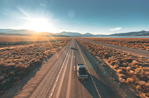 Drone Shot Cars Driving Highway Sunset — Stock Photo, Image