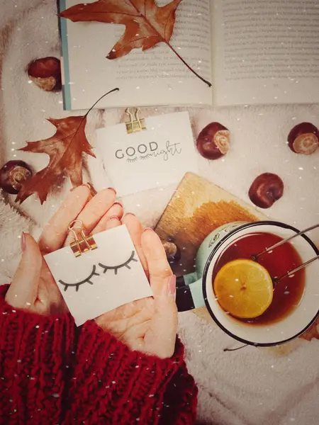 紅茶を飲みながら秋の風物詩を持つ女性の縦上からの眺め — ストック写真