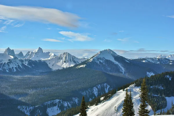 Karla Kaplı Daima Yeşil Ağaçlarla Çevrili Güzel Dağların Manzarası — Stok fotoğraf