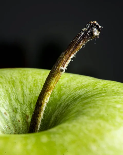暗い背景に緑のリンゴの茎の垂直マクロショット — ストック写真