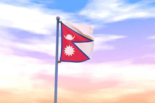 夕日の空にクロムの旗ポールが風に手を振ってネパールの波の旗の3Dイラスト 透明感のある高解像度フラグ — ストック写真
