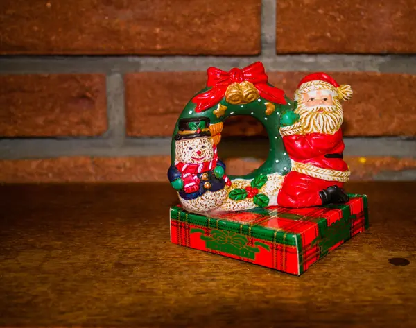 Closeup Colorful Ceramic Christmas Ornament Santa Snowman Present — Stock Photo, Image