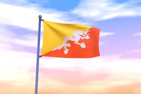 Illustration Waving Flag Bhutan Chrome Flag Pole Blue Sky — Stock Photo, Image