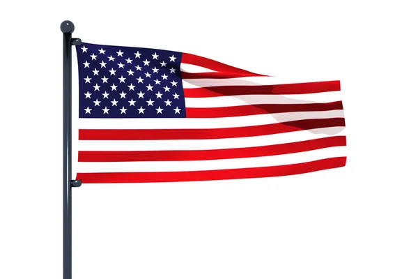 ホワイトを背景に孤立したクロームの旗竿を持つ米国の国旗の3Dイラスト — ストック写真